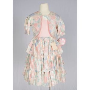 80s Deadstock Pink & Green Floral Kid's 2- Piece Dress Set | Sizes 10 | VTG